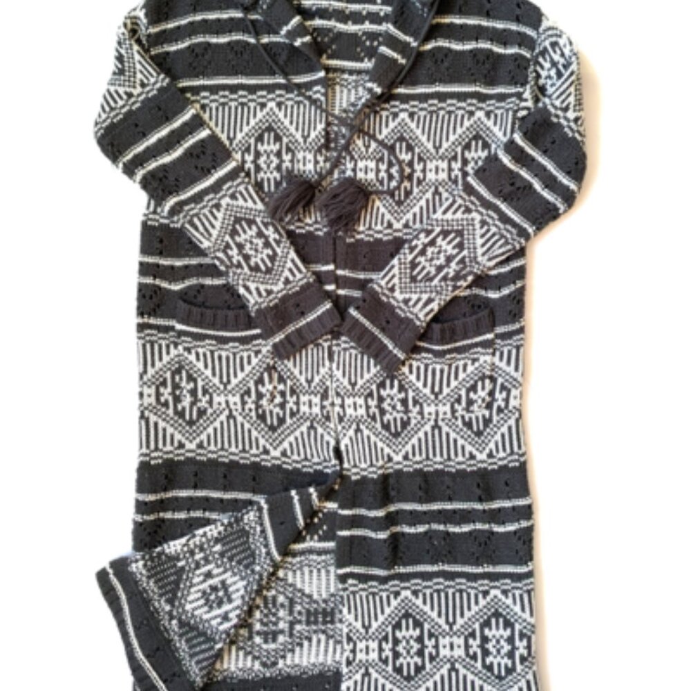 FOREVER 21 Long Knit Sweater Cardigan Jacket with Hood Green/White Size 8 - Picture 7 of 8